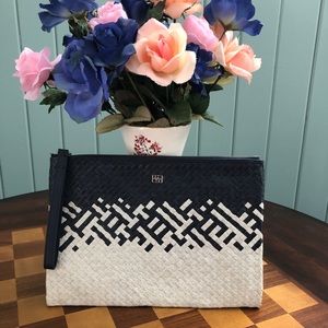 Leather weaves clutch. Navy blue.